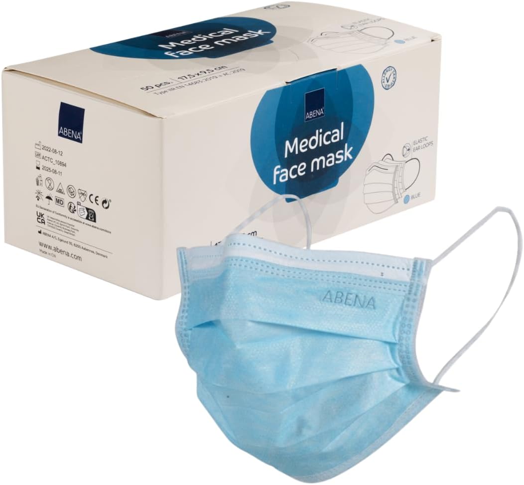 ABENA Type IIR Face Masks, Pack of 50, Blue, Disposable 3 Layer Mask