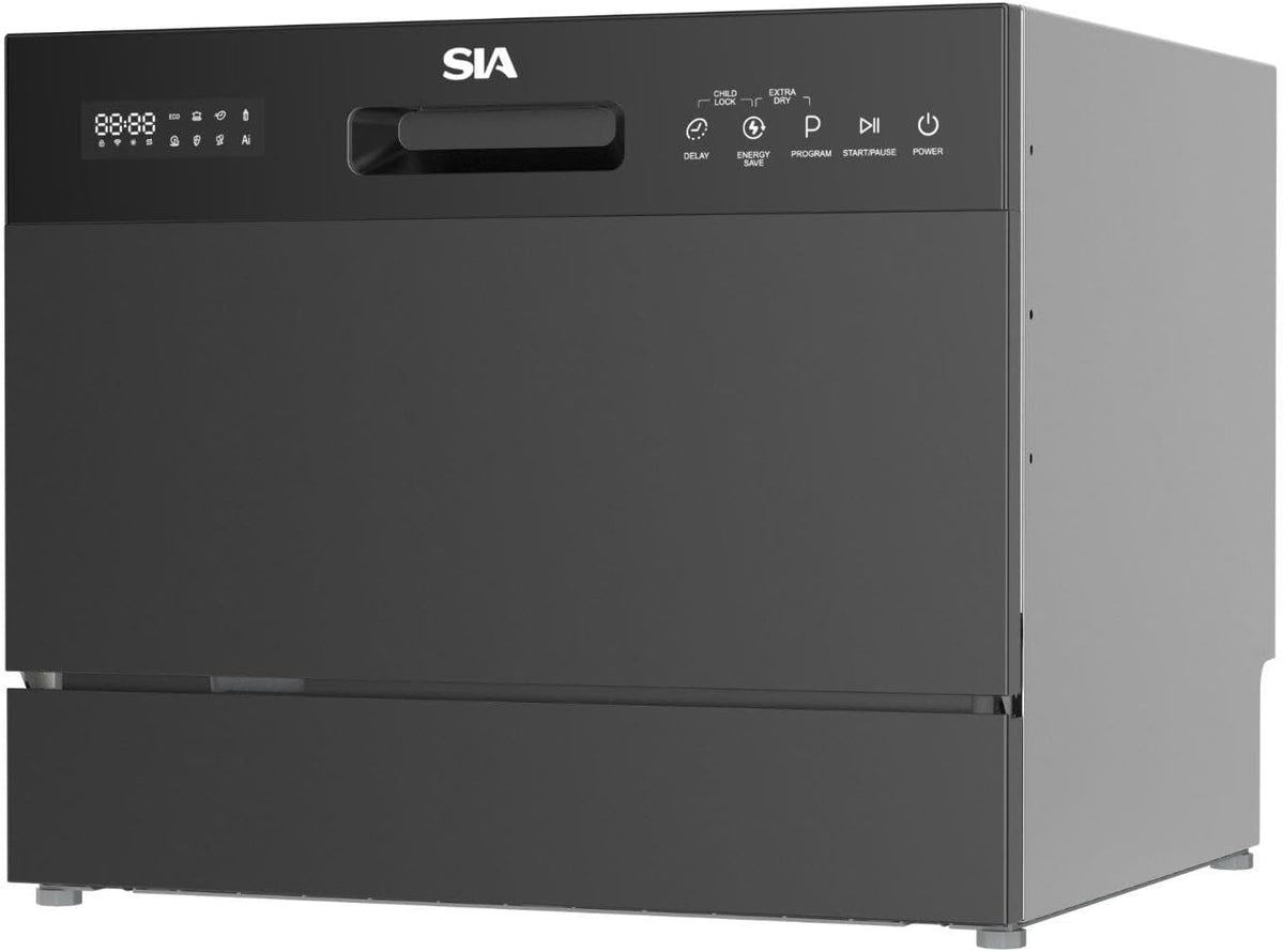SIA TTD6BL Black Table Top Mini Dishwasher, 8 Programs, 6 Place Settings, Touch Control, Ideal for Kitchen Counter Top, Caravans, Mobile Homes, 2 Years Parts and Labour Guarantee