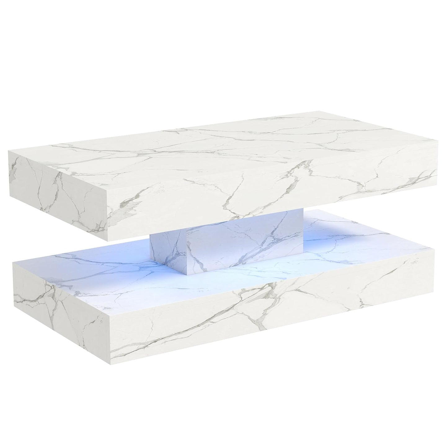 COSVALVE White Marble Coffee Table for Living Room with 24 Colors LED Light, 2 Tier High Gloss Modern Centre Table Rectangle Tea Table for Home, Office Furniture