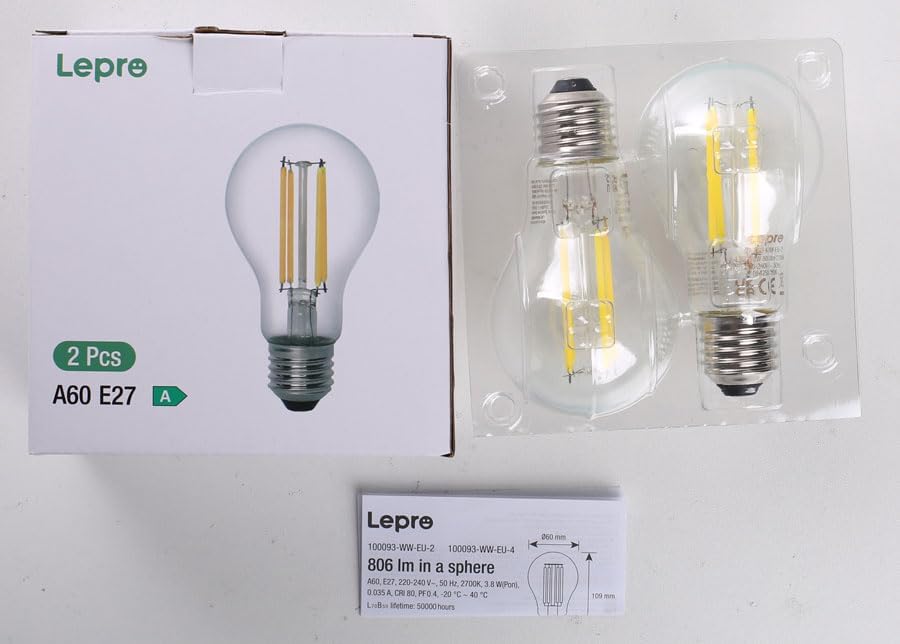 Lepro E27 Screw Bulb A-Rated, 3.8W = 60W, 806lm, 2700K Warm White,Pack of 2