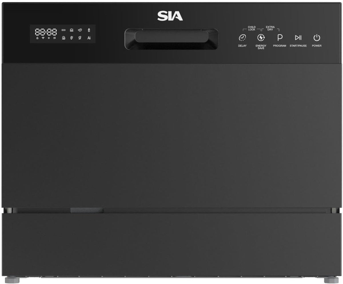 SIA TTD6BL Black Table Top Mini Dishwasher, 8 Programs, 6 Place Settings, Touch Control, Ideal for Kitchen Counter Top, Caravans, Mobile Homes, 2 Years Parts and Labour Guarantee