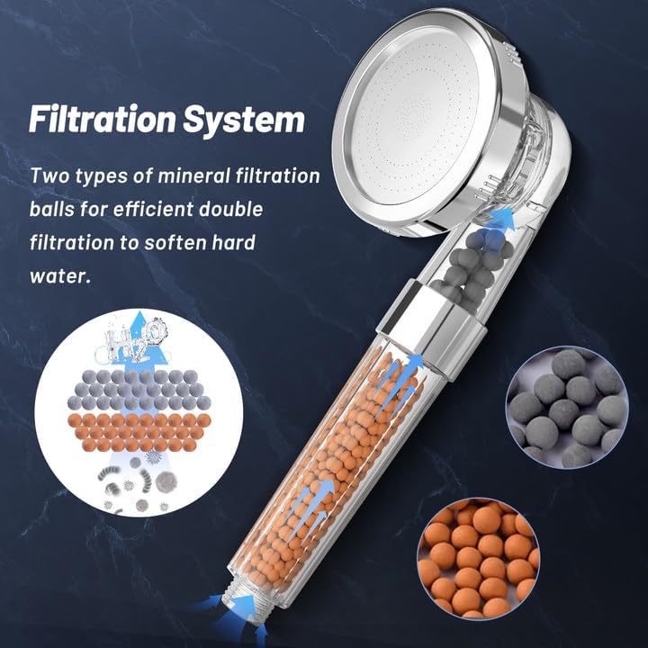 VEHHE High Pressure Shower Head with Filter Beads, 3 Spray Modes