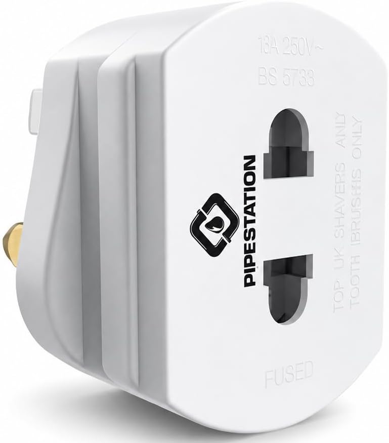 Pipestation Shaver Plug Adaptor UK – 2 Pin to 3 Pin Toothbrush Adapter Plug, 1A Fused Converter for Oral-B, Philips, Braun and Remington Chargers – White