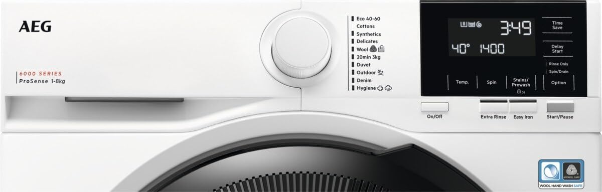AEG 6000 Series Washing Machine 8kg LFR61844B, ProSense, TimeSave, Extra-Quick, Freestanding Washing Machine, 8kg Load, 1400rpm Spin, Inverter Motor+, Energy Rating A, White