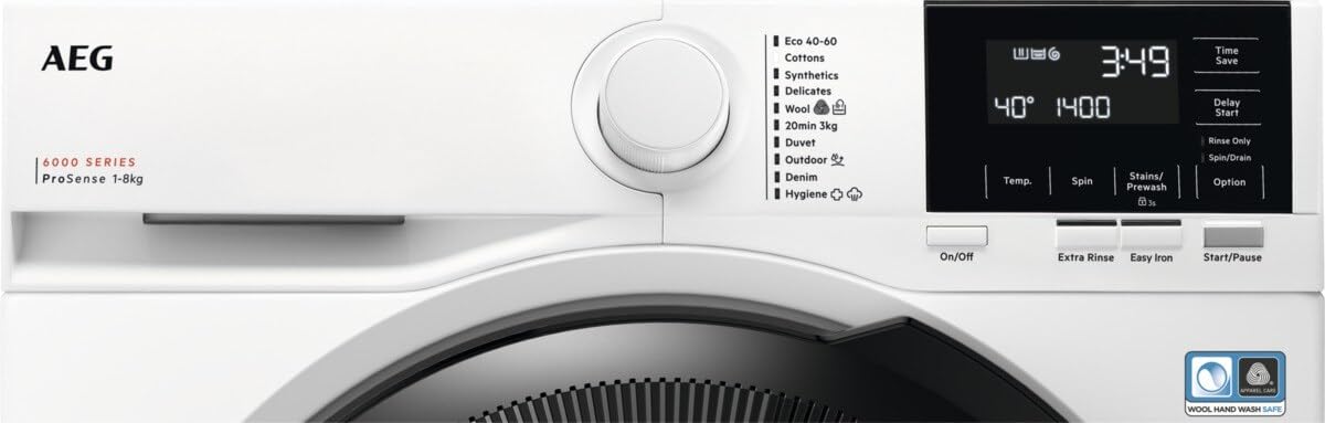 AEG 6000 Series Washing Machine 8kg LFR61844B, ProSense, TimeSave, Extra-Quick, Freestanding Washing Machine, 8kg Load, 1400rpm Spin, Inverter Motor+, Energy Rating A, White