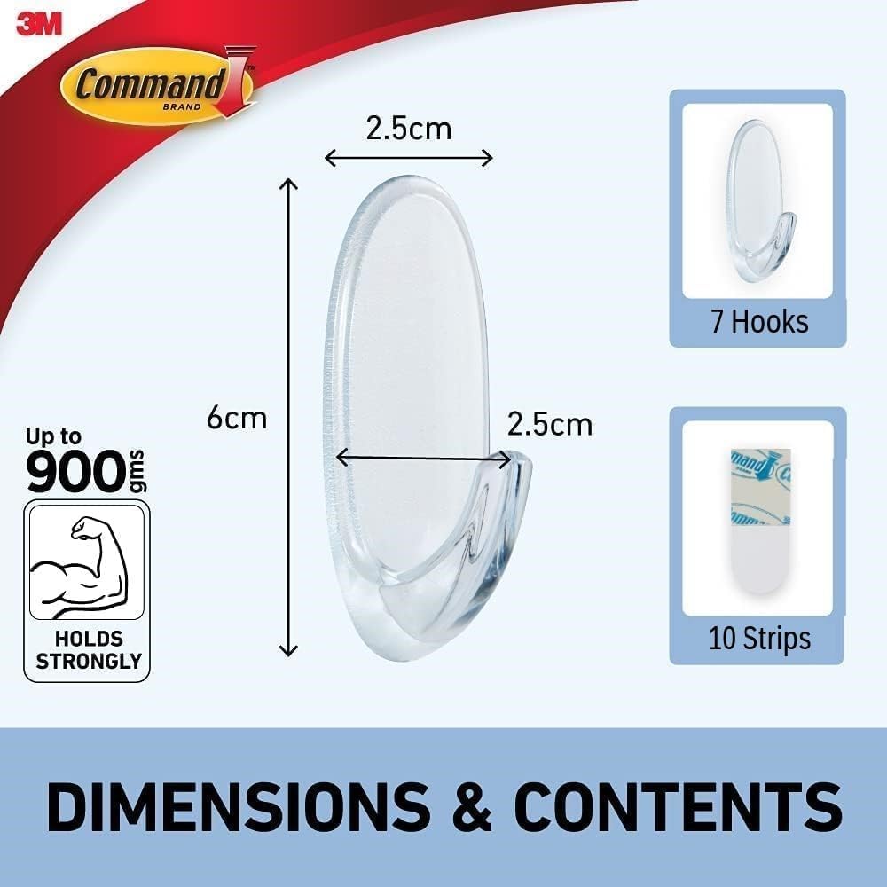Command Small Hooks with Clear Strips, Pack of 2 Hooks + 4 Adhesive Strips, Transparent - Indoor Use - Suitable for Hanging Items up to 450 g - Damage Free Hanging
