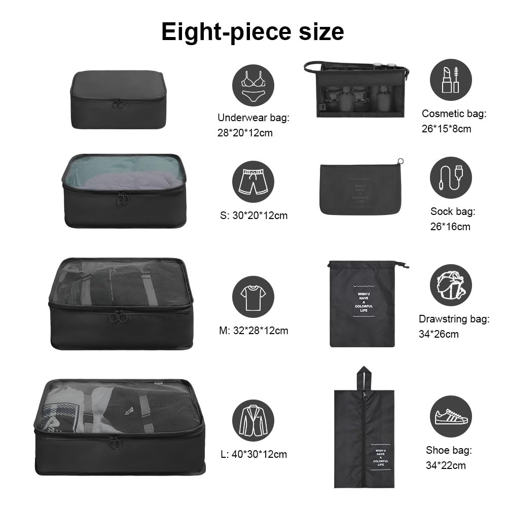 OSDUE Packing Cubes for Suitcase, 8PCS Thickening Travel Organiser Packing Bags Lightweight Travel Accessories Organizers Essentials Clothes Shoes Cosmetics Toiletries Storage Bags