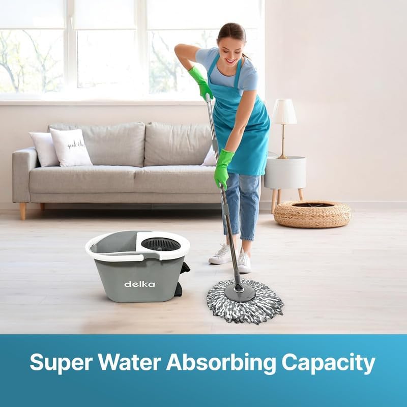 delka Spin Mop and Bucket Set – Easy Foot Pedal Water Removal, 360° Swivel Motion, Includes 2 Microfibre Mop Heads, All-Surface Cleaning, Splash Guard for Clean Mopping (Spin Mop Grey and White)