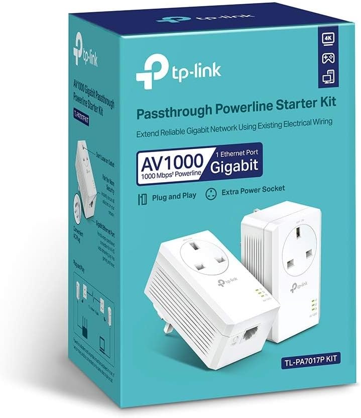 TP-Link TL-PA7017PKIT Gigabit Passthrough Powerline Adapter Starter Kit, Powerline Network Adapters Speed up to 1000 Mbps, 4K Video Streaming & Online Gaming, No Configuration Required, Plug and Play