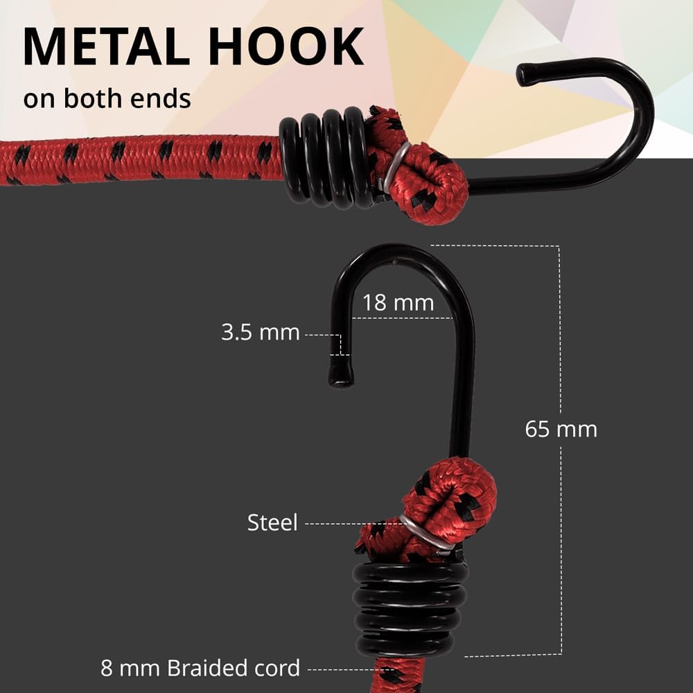 ANSIO Bungee Cords with Hooks 16” (40cm), Pack of 10 Bungee Straps - Red