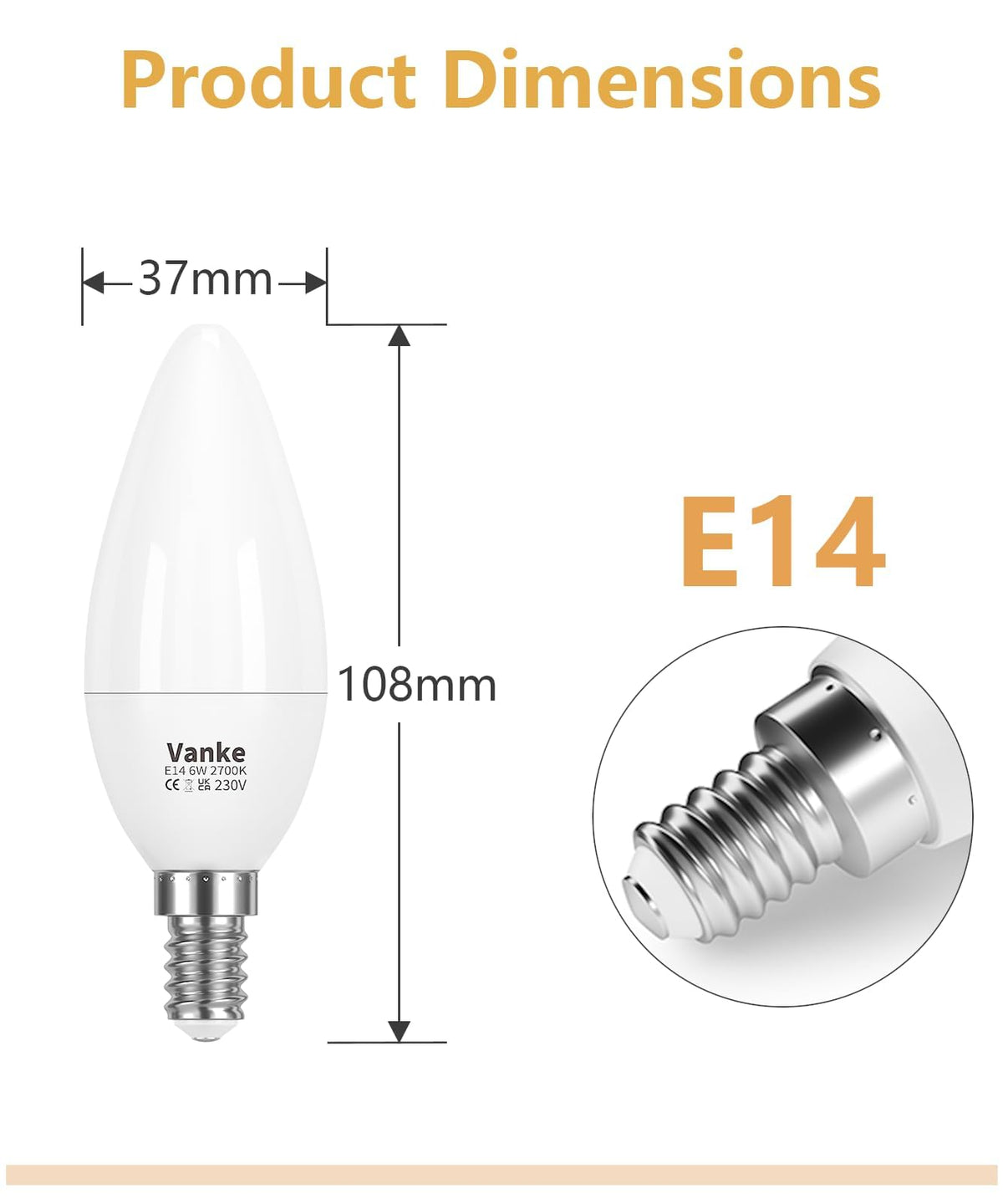 Vanke E14 LED Light Bulb, Warm White 2700K, 6W(40W Equivalent), Pack of 3