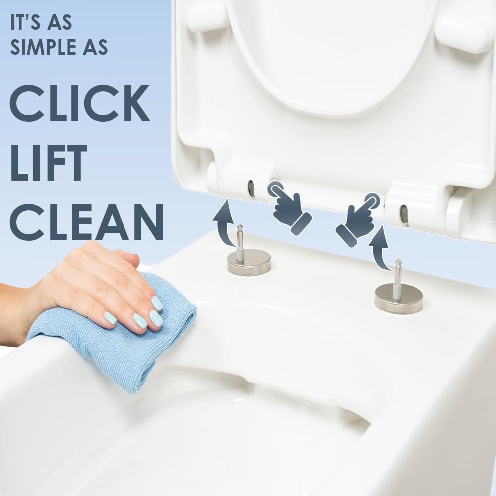 AQUALONA® Premium Thermoplastic Toilet Seat Soft Close Hardwearing Seat with Two Button Hinge Release D Shaped Easy to Clean Simple Installation Top and Bottom Fittings (White - D Shape)