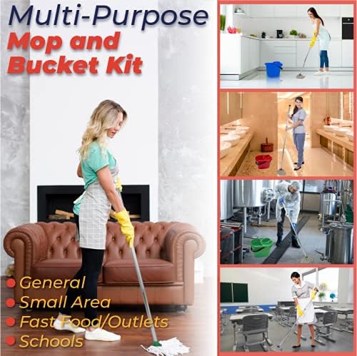 Abbey Professional Mop and Bucket Set Heavy Duty with Wringer and Two Traditional Cotton Mop Heads for Cleaning Floors – Strong Aluminum Mop Handles – Mop Bucket Capacity 12L with Pouring Lip (Red)