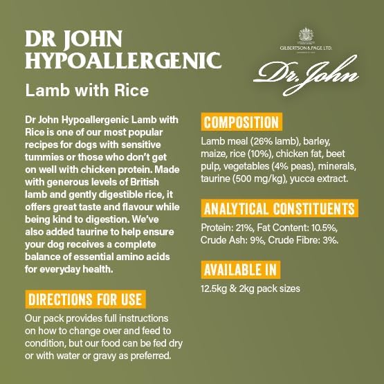 Dr John Hypoallergenic Dry Dog Food Lamb with Rice 12.5kg - Wheat Free Recipe Dog Food for Sensitive Stomach & Digestion - Complete Adult & Senior Dog Food - Skin, Coat & Joint Support
