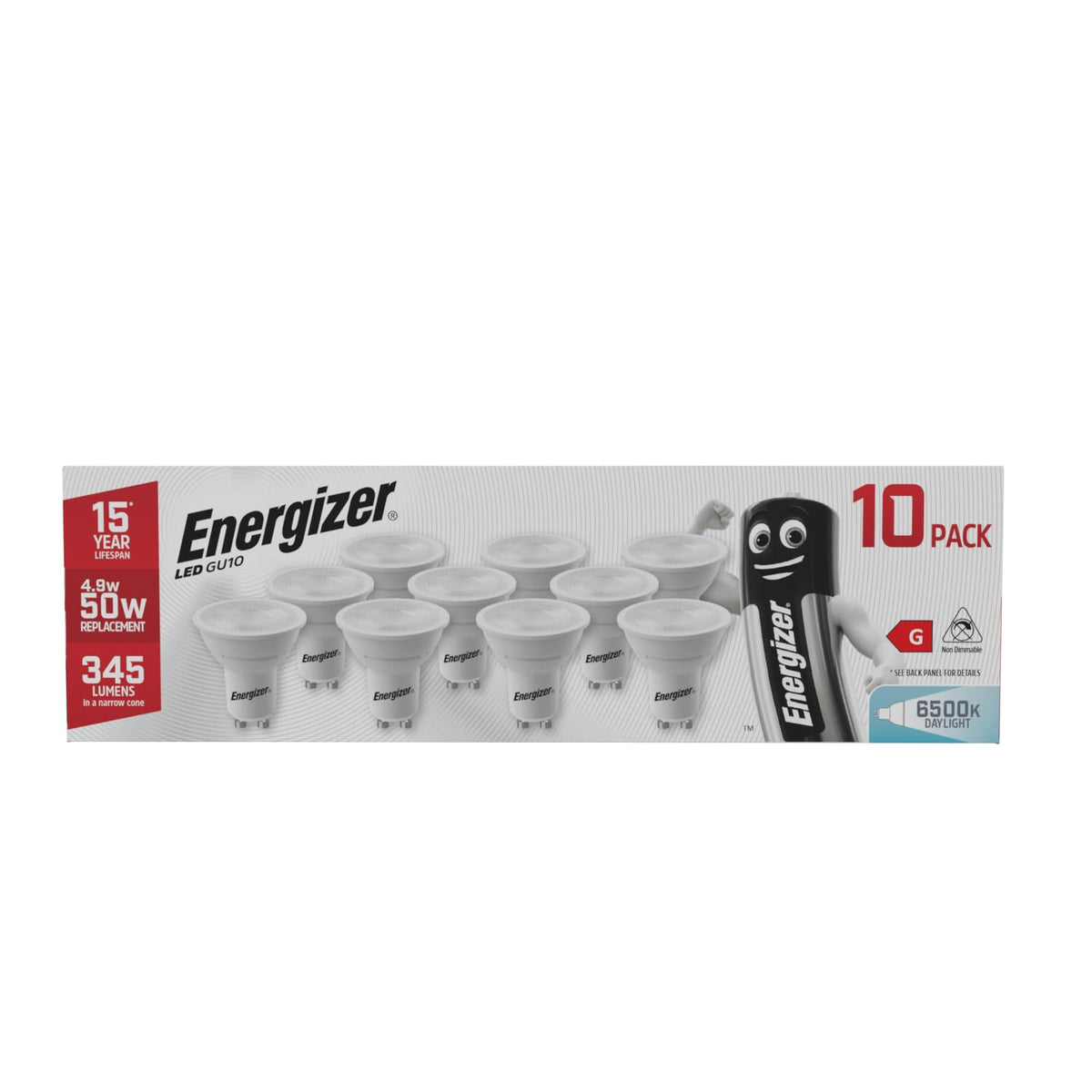 Energizer GU10 LED Bulbs Daylight White - 6500K 50W Halogen Spotlight Equivalent – 345LM - Non Dimmable. Pack of 5