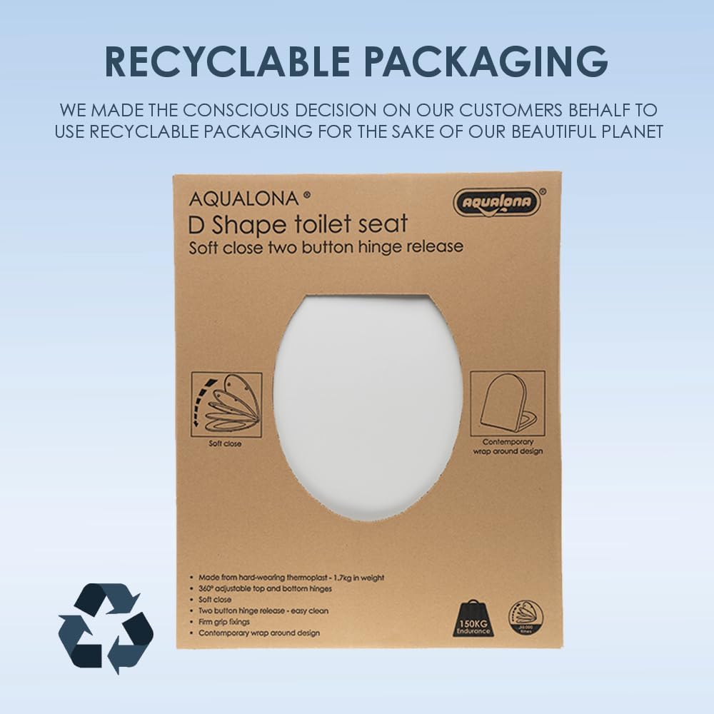 AQUALONA® Premium Thermoplastic Toilet Seat Soft Close Hardwearing Seat with Two Button Hinge Release D Shaped Easy to Clean Simple Installation Top and Bottom Fittings (White - D Shape)