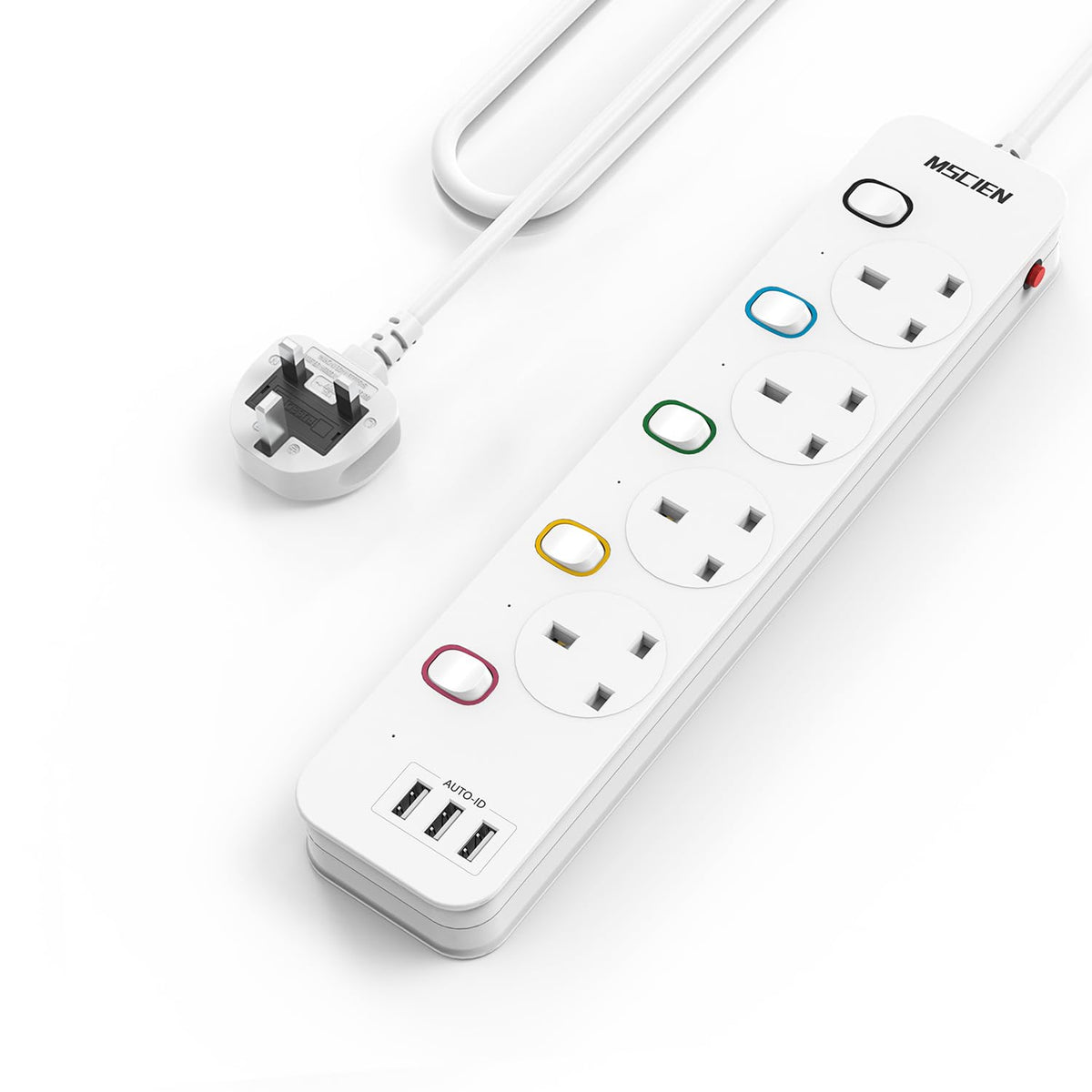 Mscien Extension Lead 1M with USB Slots 4 Way Wall Mounted, 1M Extension Lead Switched with Multiple Protection, Fused Power Strip 4 Sockets White, 13A/3250W
