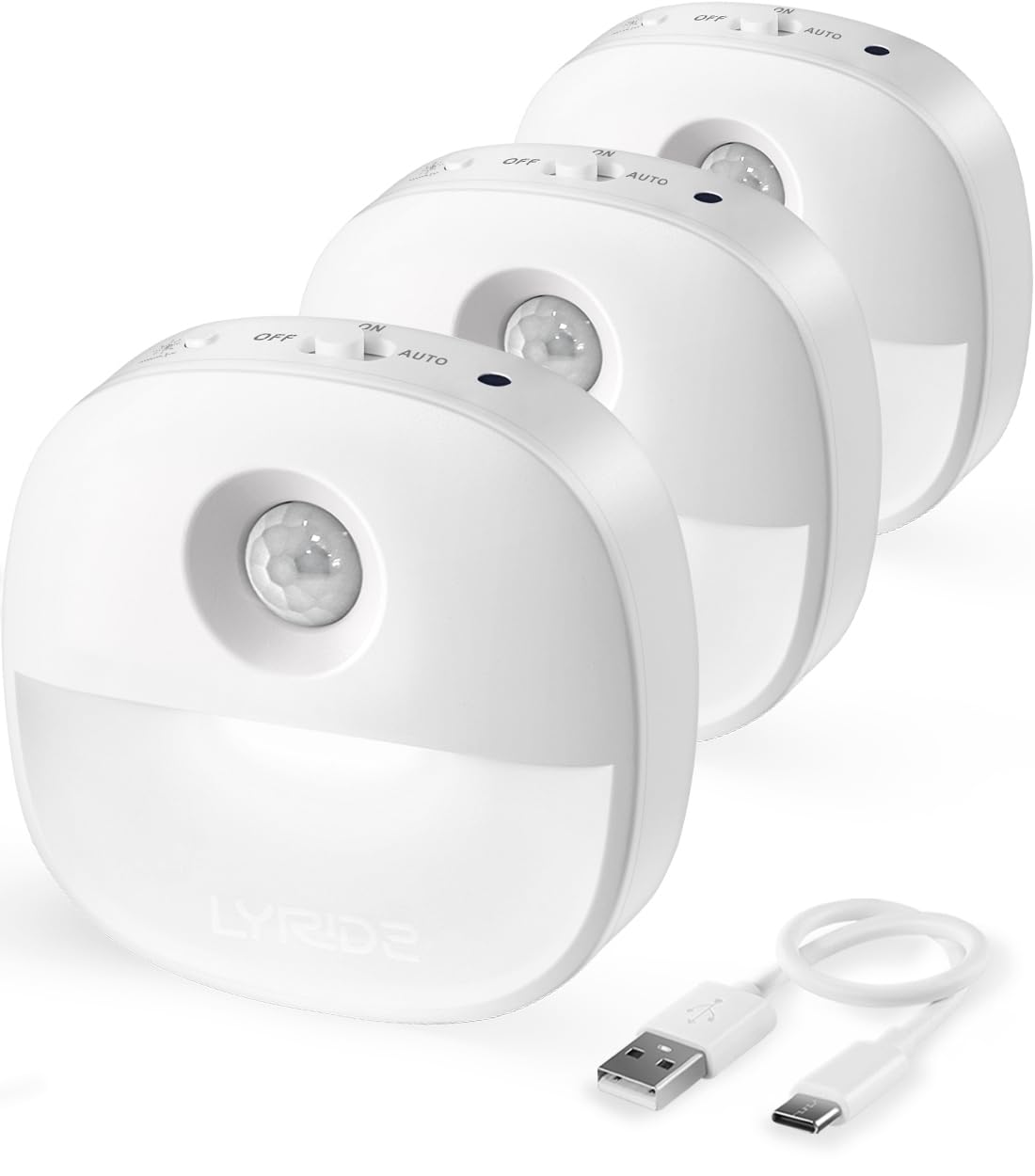 Lyridz Motion Sensor Night Lights (3 Pack), USB Rechargeable Night Light, Motion Sensor Lights Indoor ON/Off/AUTO Modes with Removable Magnetic Stick on Cupboard, Stair, Hallway, Bedroom (Warm White)