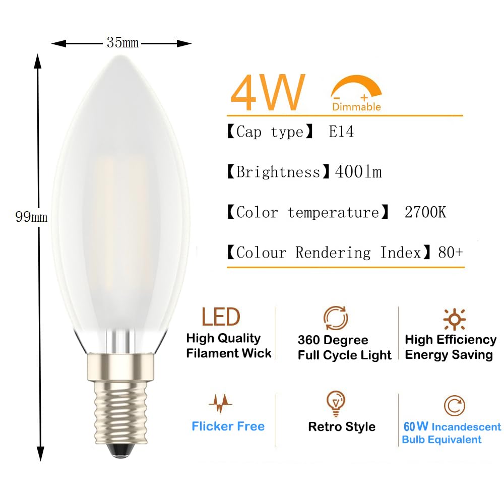 E14 Dimmable Led Candle Bulb,Small Edison Screw,4w, Warm White 2700K，2 Pack