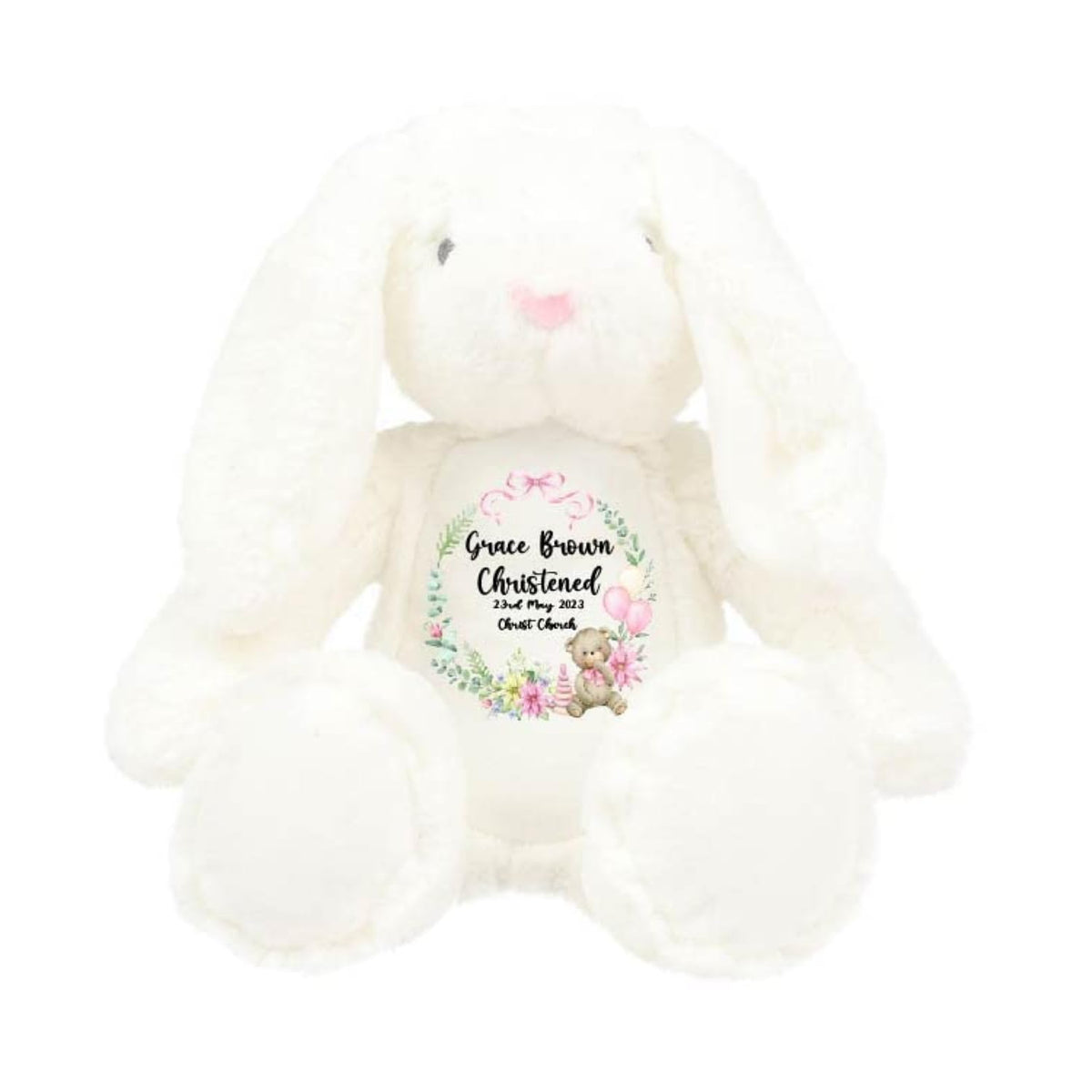 Crafted Memories - Personalised Bunny Rabbit | Custom Name & Date | Christening & Baptism Keepsake | Baby Girl & Boy | Soft Grey, White | Ideal 1st Birthday Present