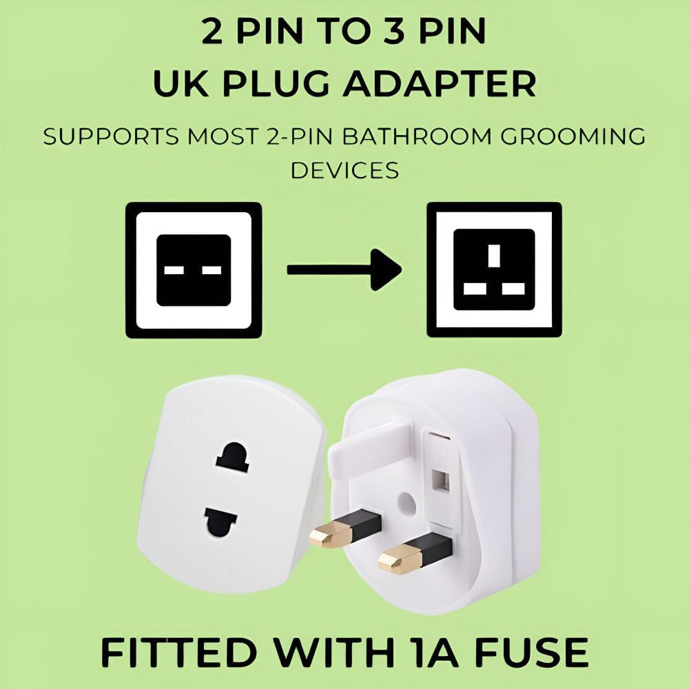 1 Pack White Shaver Plug Adaptor UK, 2 Pin to 3 Pin Adapter Plug UK