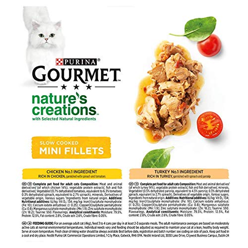 GOURMET Nature's creations (Rich in Chicken, garnished with spinach & tomatoes and Rich in Turkey, garnished with spinach and parsnip) Wet Cat Food Can 8x85g