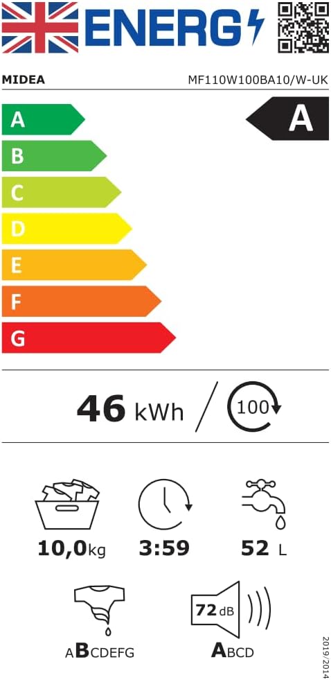 Midea 10kg Washing Machine A-10% Energy Class 1400rpm BLDC Motor Slim White