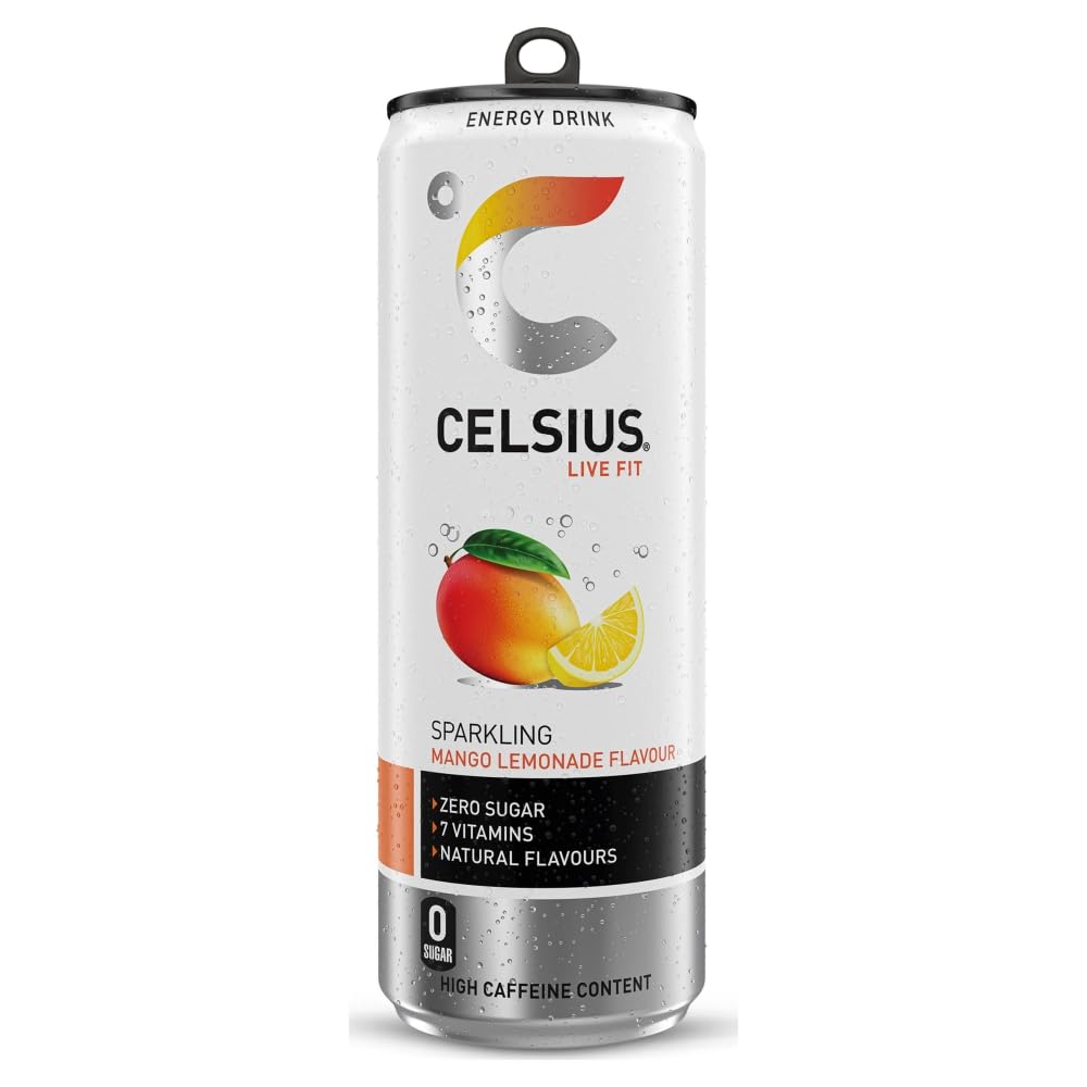 CELSIUS Energy Drink, Sparkling Mango Lemonade, Natural Flavours. No Artificial Colours, Sugar Free Energy Drinks, 355 mL, 4-Pack
