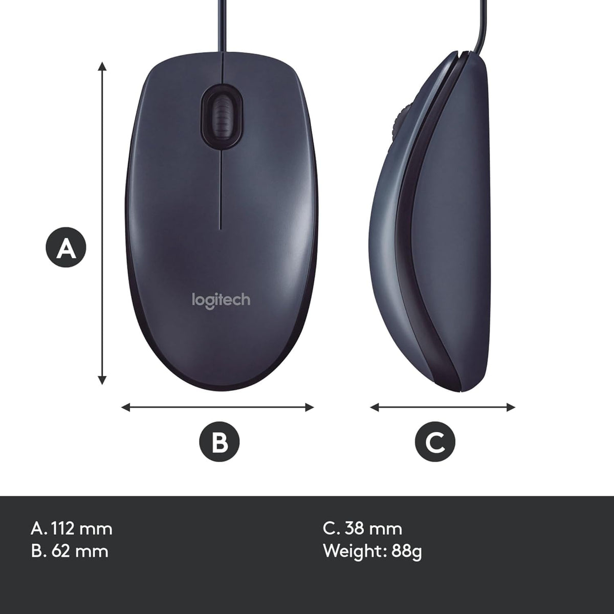 Logitech B100 Wired Mouse, USB Port, 800 DPI Optical Sensor, 3 Buttons, for Left and Right Handers, PC/Mac - Black (Optical Business Mouse | Pack of 5)