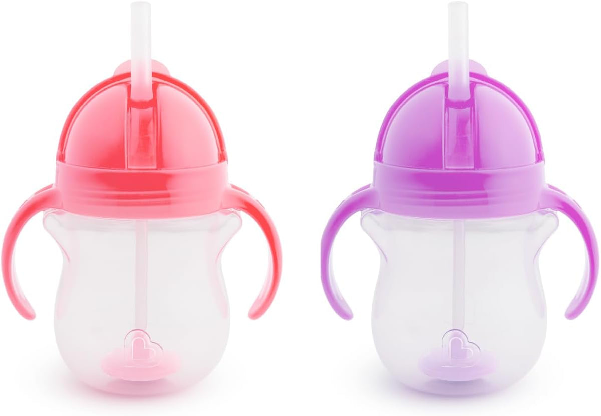 Munchkin Click Lock Tip & Sip Straw Cup Set| Baby & Toddler Sippy Cups with Straw| BPA Free Non Spill Cup| Dishwasher Safe Baby Straw Cup| Weighted Straw Childrens Cups| 7oz/207ml| 2 Pack| Pink/Purple