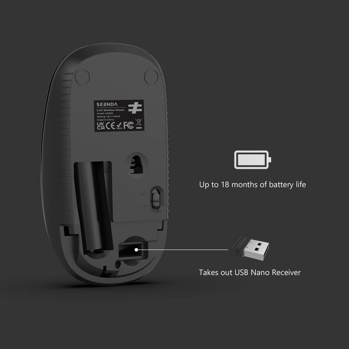 Seenda Wireless Mouse, Silent with 2.4G USB Receiver, Black
