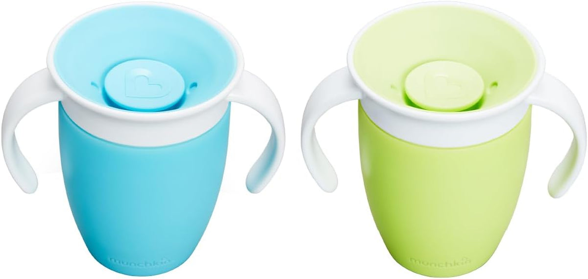 Munchkin Miracle 360 Sippy Cup | Trainer Toddler Cup | BPA Free Baby & Toddler Cups w.Handles | Non Spill Cup | Dishwasher Safe Baby Cup | Leakproof Cup | 6+ Months| 7oz/207ml | 2 Pack | Blue/Green