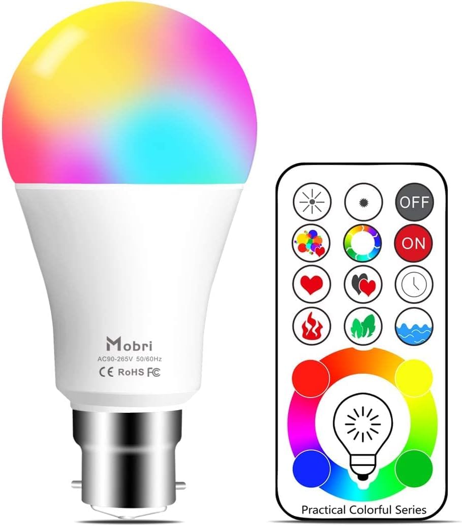 Mobri B22 LED Colour Changing Light Bulbs with Remote Control, 75 Watt Equivalent Bayonet Dimmable Colour Bulbs with Timing, Memory & Sync, 120 Multi RGB Colours + Daylight White,2 Pack