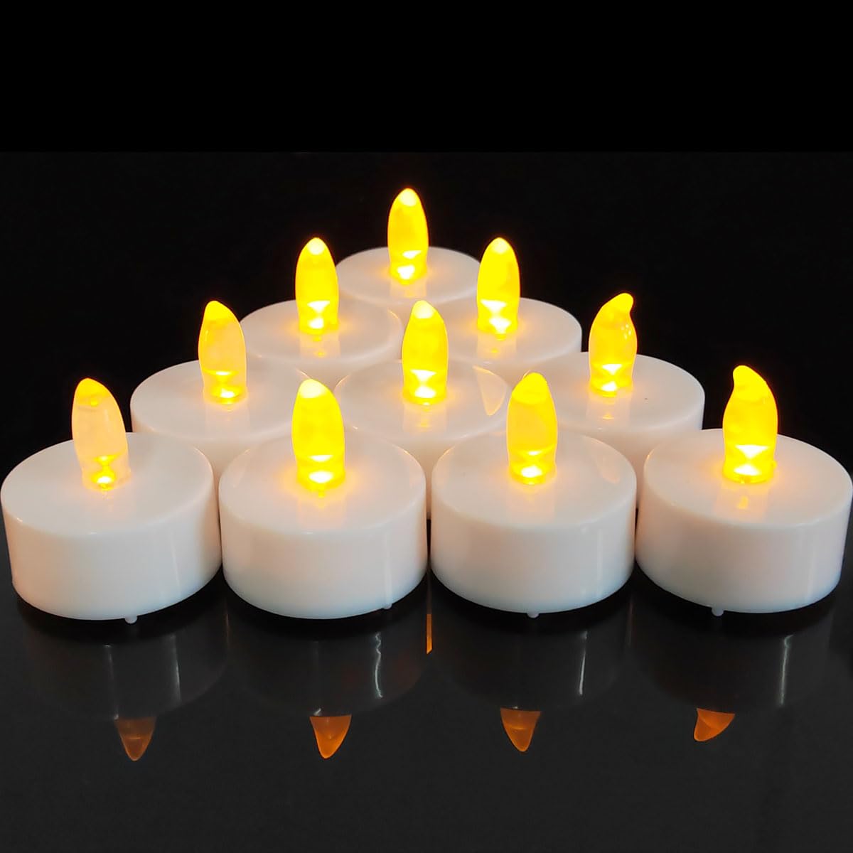 Jialine12 Pack Realistic and Bright Flickering Battery Operated Flameless LED Tea Lights Candles, 200+ tealights Electric Fake Candles for Halloween Weddings Festivals Decoration in Warm Yellow
