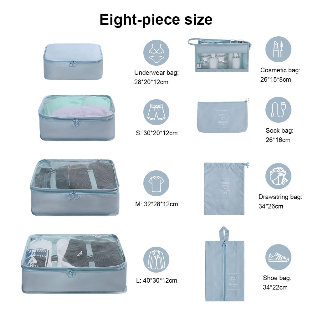 OSDUE Packing Cubes for Suitcase, 8PCS Thickening Travel Organiser Packing Bags Lightweight Travel Accessories Organizers Essentials Clothes Shoes Cosmetics Toiletries Storage Bags