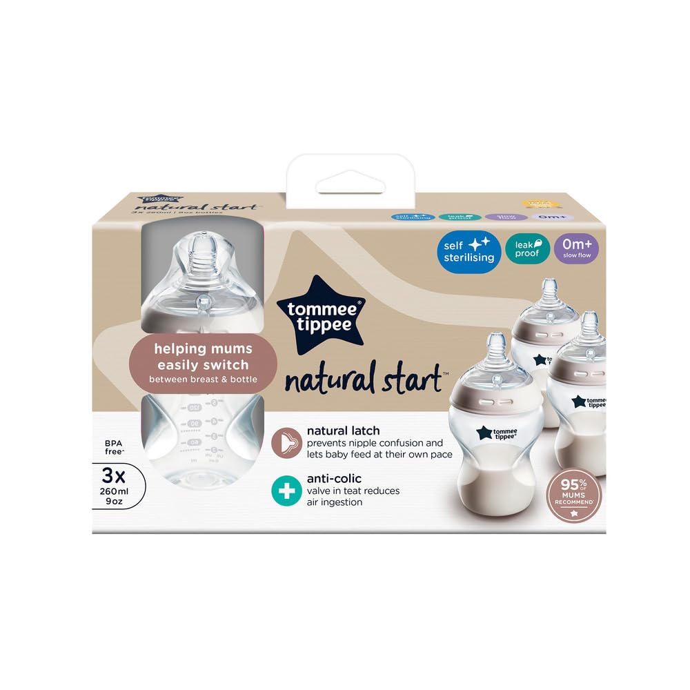 Tommee Tippee Natural Start Baby Bottles for 0m+, Pack of 6 260ml Baby Bottles, with Slow Flow Breast-Like Teat for a Natural Latch, Self-Sterilising and BPA Free, Baby Feeding Essentials