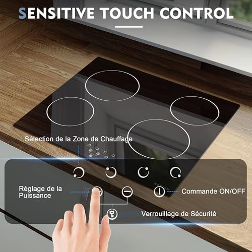 NOXTON Ceramic Hob, Built-in 4 Zone Electric Hobs 60cm Noise-free Auto Shut-off Safe Lock Heat Indicator Black Glass Panel Cooktop with Touch Controls