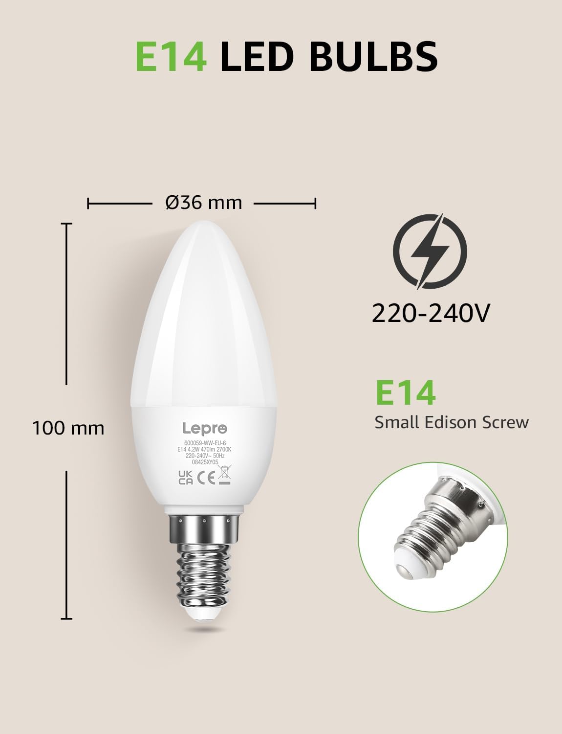 Lepro C37 E14 LED Light Bulb, Warm White 2700K, 4.2W=40W, 470LM, Pack of 6