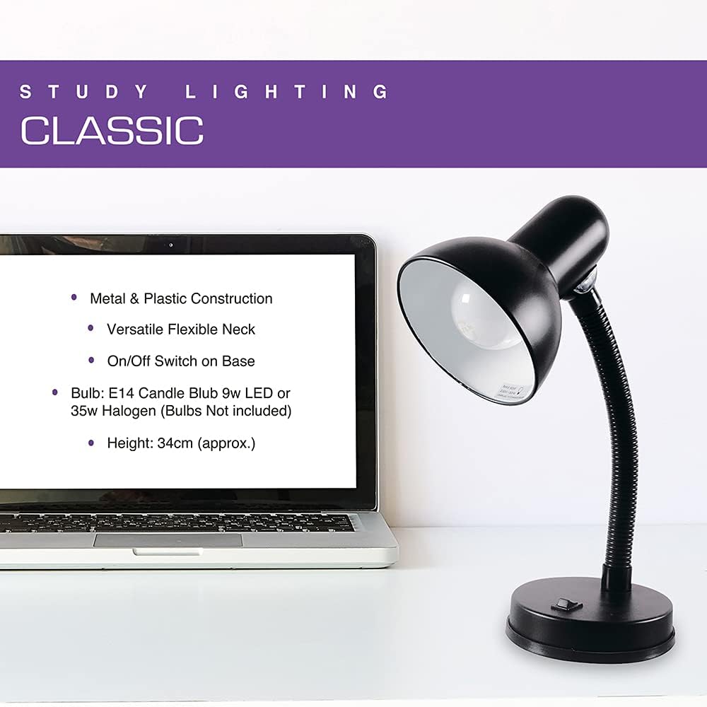 HOMELIFE 35w 'Classic' Flexi Desk Lamp with Versatile Flexible Neck - Integral On/Off Switch - Approx. 34cm Height - L958BK - Onyx Black