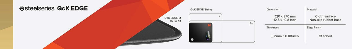 SteelSeries QcK Edge Cloth Gaming Mouse Pad - Never-fray Stitched Edges - Optimized For Gaming Sensors - Size L (450 x 400 x 2mm) - Black