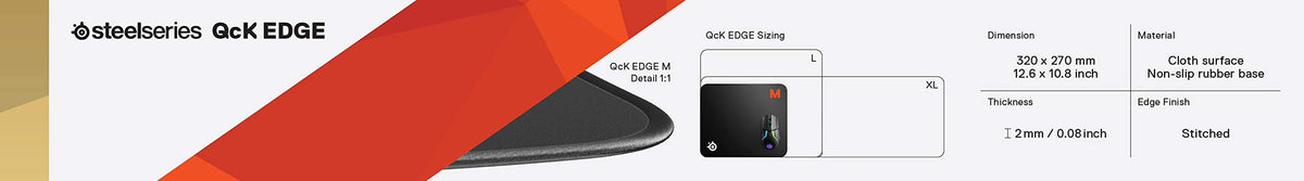 SteelSeries QcK Edge Cloth Gaming Mouse Pad - Never-fray Stitched Edges - Optimized For Gaming Sensors - Size L (450 x 400 x 2mm) - Black