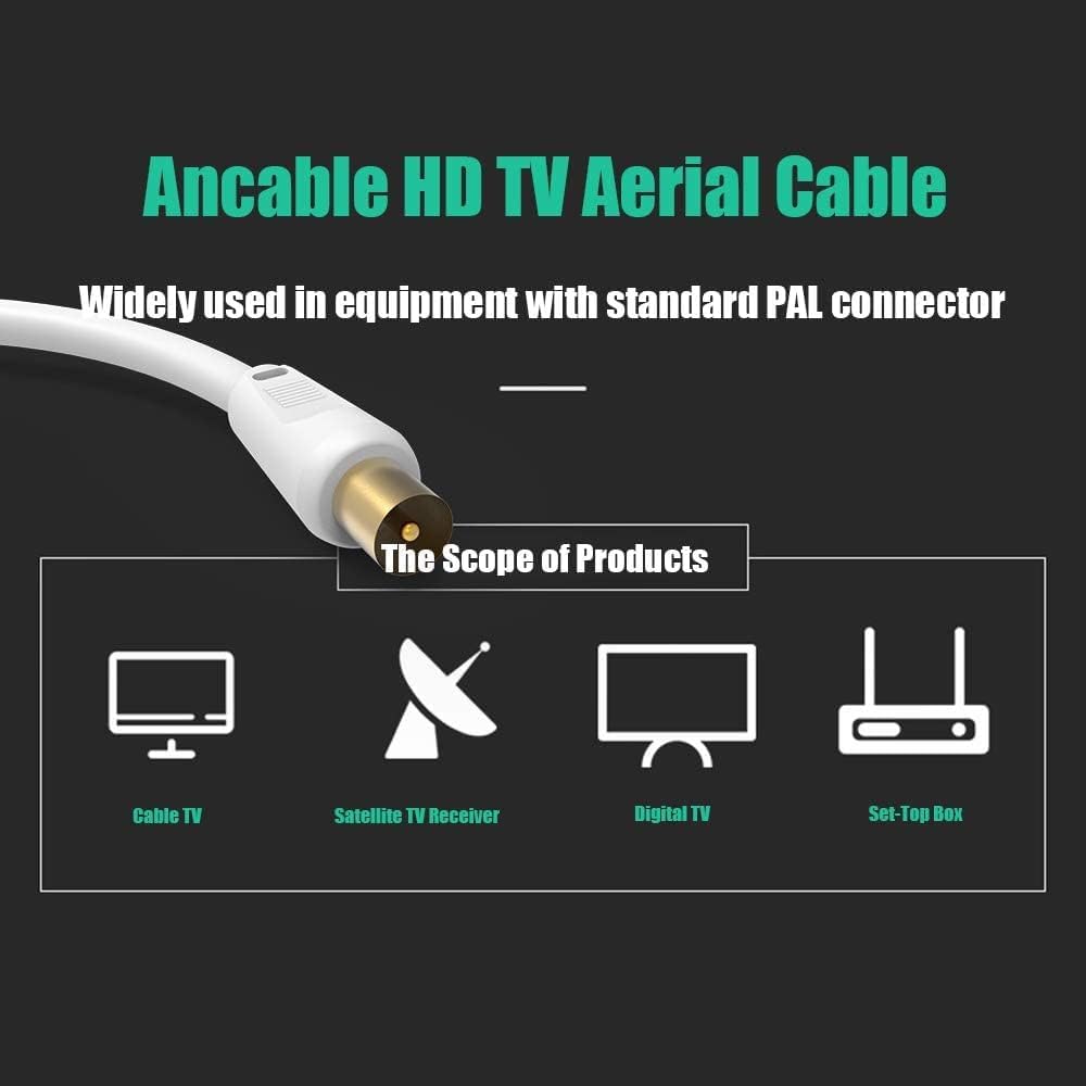 Ancable TV Aerial Cable with Coaxial Adapter 1M Black TV Ariel Lead