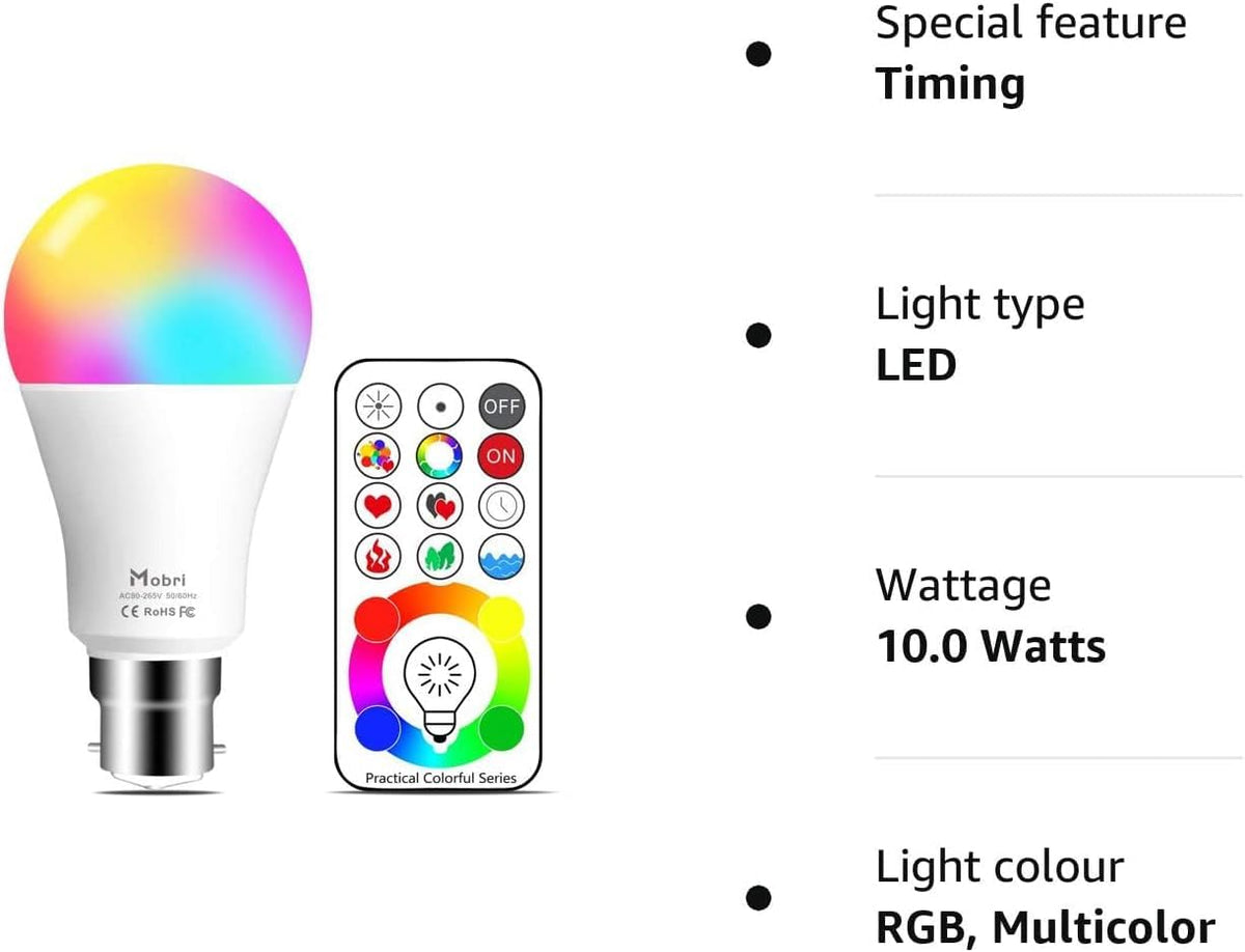 Mobri B22 LED Colour Changing Light Bulbs with Remote Control, 75 Watt Equivalent Bayonet Dimmable Colour Bulbs with Timing, Memory & Sync, 120 Multi RGB Colours + Daylight White,2 Pack