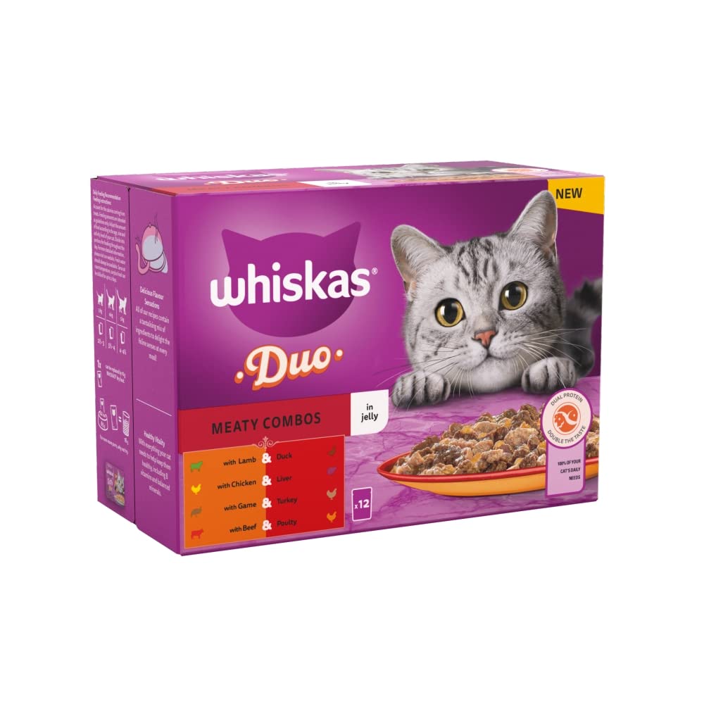 WHISKAS DUO Adult Wet Cat Food in Jelly 12x85g Surf & Turf (Pack of 4)