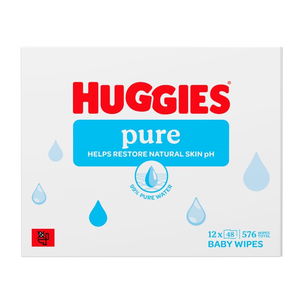 Huggies Pure Plastic Free Baby Wipes - Pack of 12 (576 Wipes) – 99% Water Wet Wipes, Fragrance Free, Hypoallergenic, Better Cleaning, Soft and Gentle on Babies' Delicate Skin