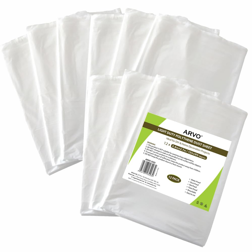 ARVO 6 Pack Extra Large Plastic Dust Sheets for Decorating - 3.6m x 2.75m (12ft x 9ft), Waterproof Polythene for Painting, Furniture, Floor Protection, Ideal with Paint Coveralls