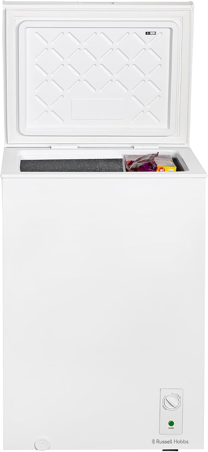 Russell Hobbs White Chest Freezer 143L Freestanding, Adjustable Thermostat, Chill or Freeze Function, 4 Star Freezer Rating & Suitable for Outbuildings & Garages RH142CF0E1W