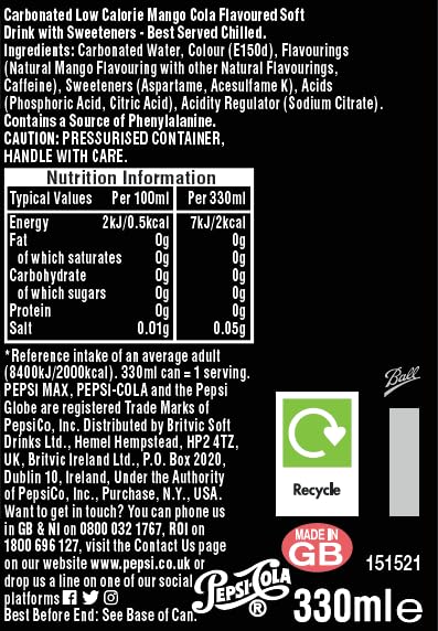 Pepsi Max Caffeine Free Cola | 330ml Can | 8 Pack