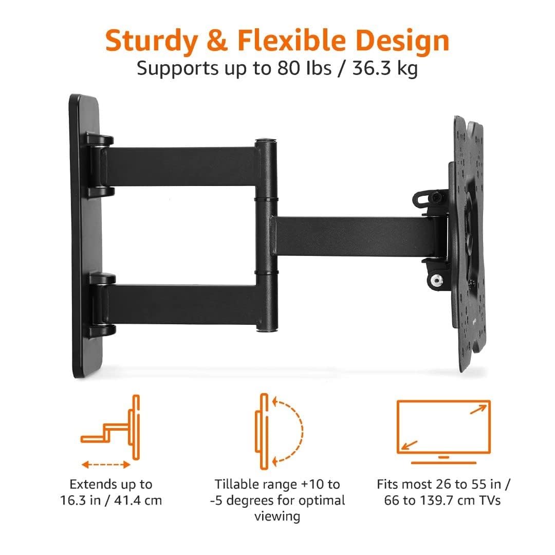 Amazon Basics TV Wall Mount, Full Motion Swivelling Tilting TV Bracket for 12-40 Inch Flat and Curved TV or Monitor up to 36 kg, Max VESA 200x200 mm, Black