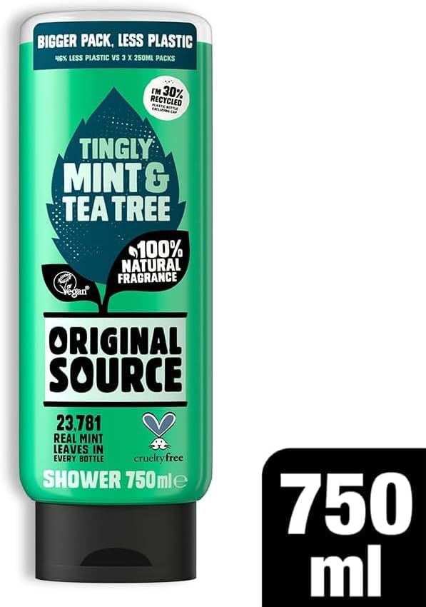 Original Source Mint & Tea Tree Shower Gel, 100 Percent Natural Fragrance, Vegan, Cruelty Free, Paraben Free, Large Bottle, 750 ml